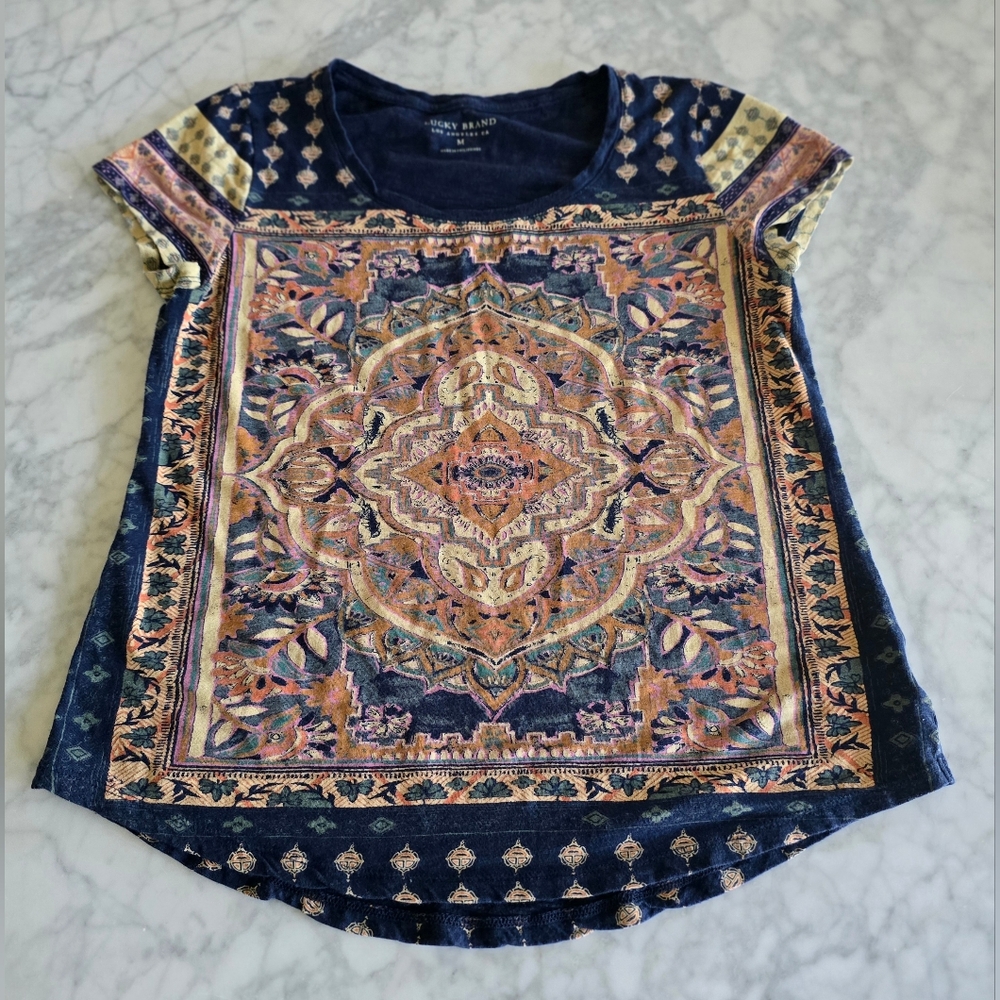 Lucky Brand Shirt Size Medium Blue Persian Carpet Tee‎ Boho Graphic Top